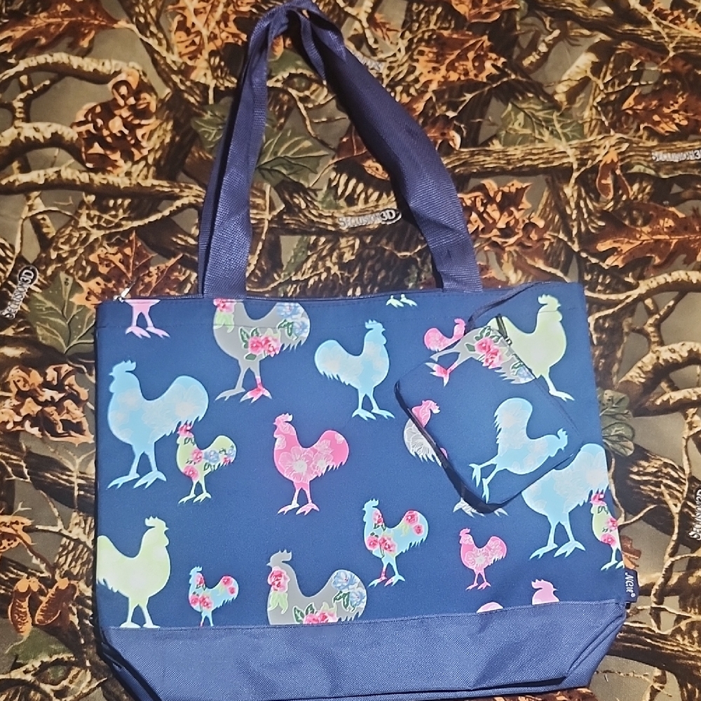 Chic Rooster Print Tote Bag in Blue